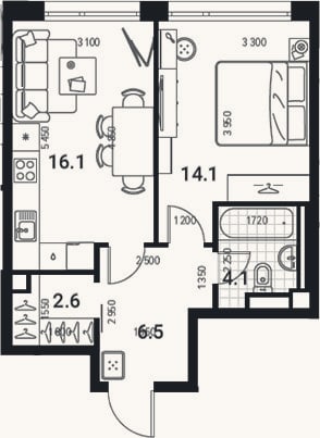 Планировка: 2-к, 43,4 м²