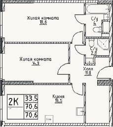 Планировка: 2-к, 70,6 м²
