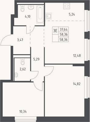 Планировка: 3-к, 58,4 м²