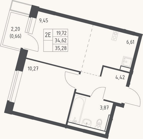 Планировка: 2-к, 34,6 м²