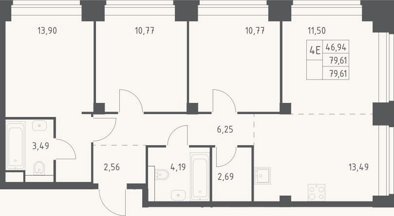 Планировка: 4+ к, 79,6 м²