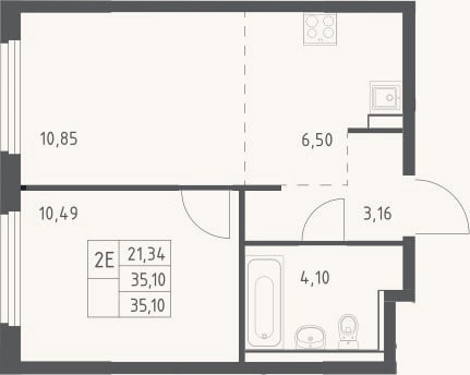 Планировка: 2-к, 35,1 м²