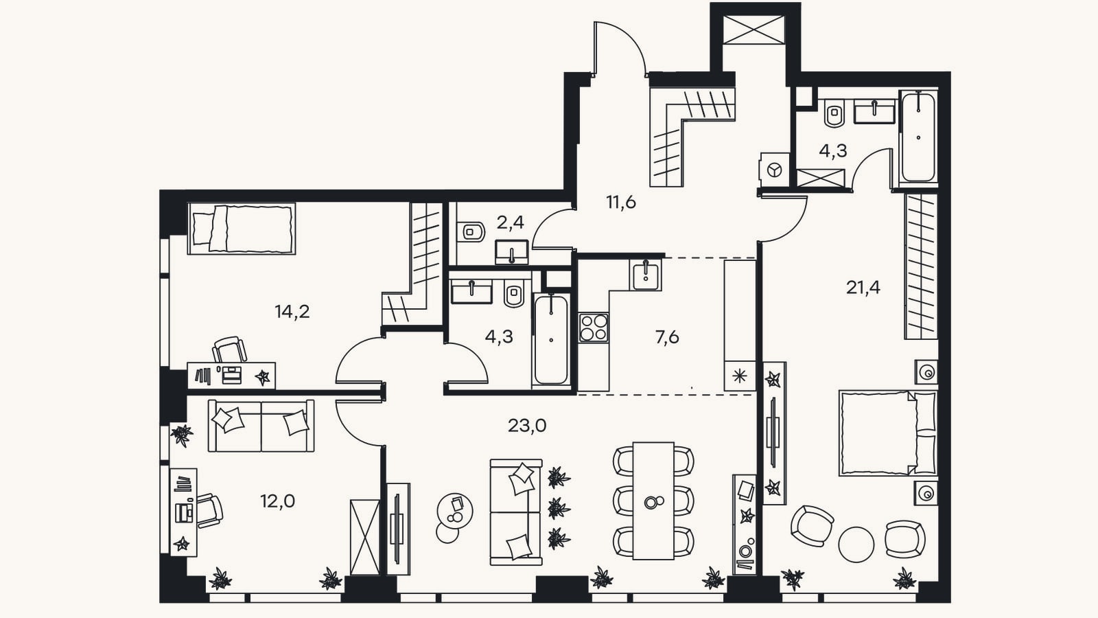 Планировка: 4+ к, 103,6 м²