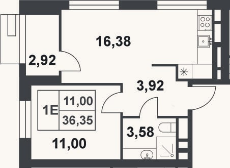 Планировка: 1-к, 34,9 м²