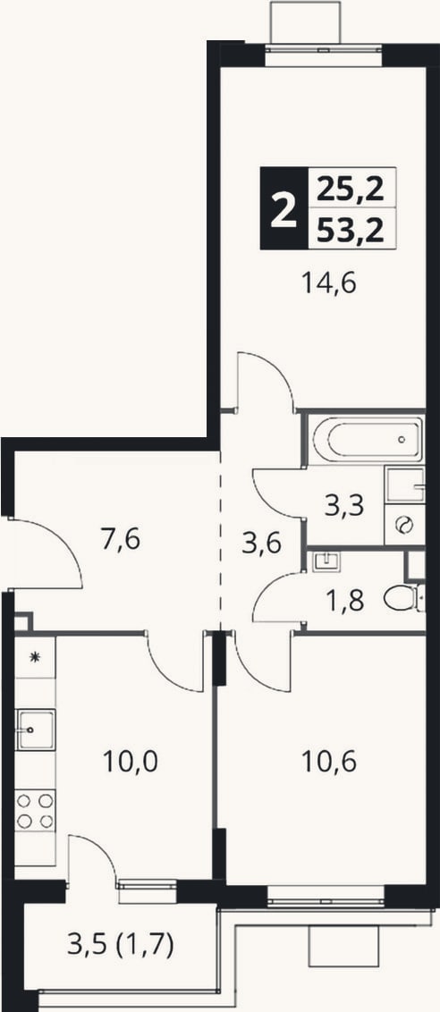 Планировка: 2-к, 51,5 м²