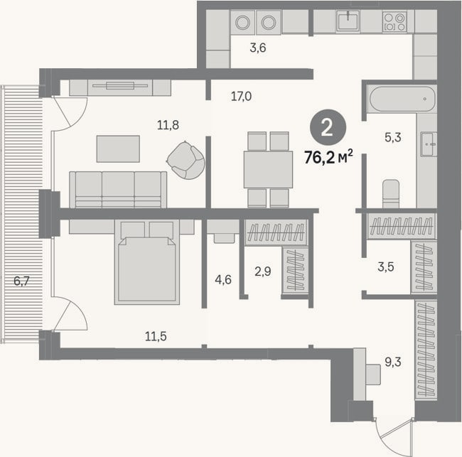 Планировка: 2-к, 69,5 м²
