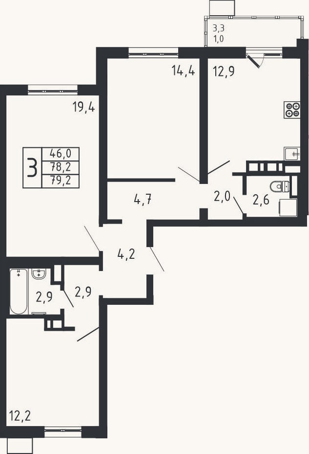 Планировка: 3-к, 78,2 м²
