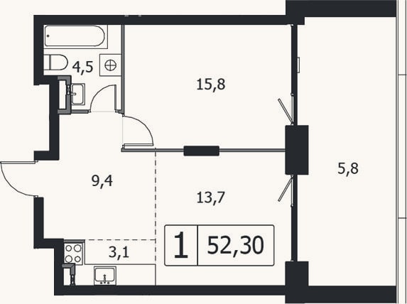 Планировка: 2-к, 46,5 м²