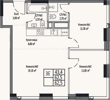 Планировка: 3-к, 62,5 м²