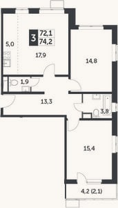 Планировка: 3-к, 71 м²
