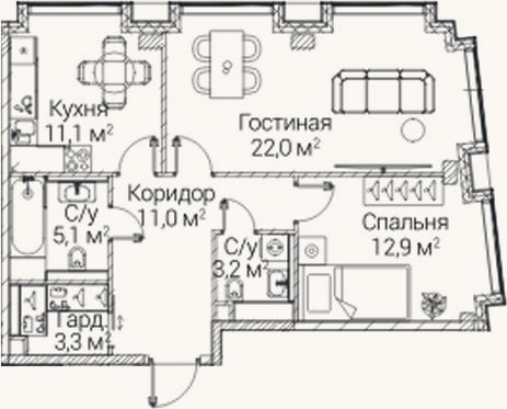 Планировка: 2-к, 68,6 м²