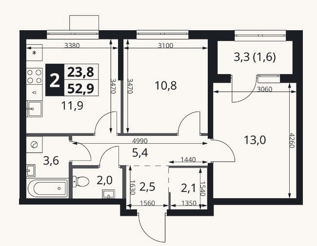 Планировка: 2-к, 51,3 м²
