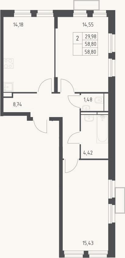 Планировка: 2-к, 58,8 м²
