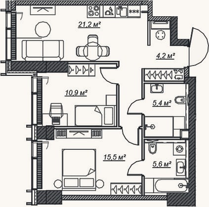 Планировка: 3-к, 62,9 м²