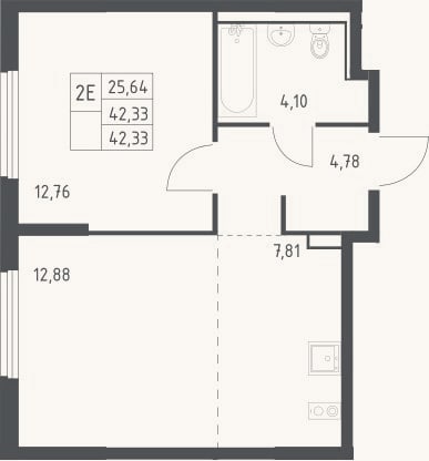 Планировка: 2-к, 42,3 м²