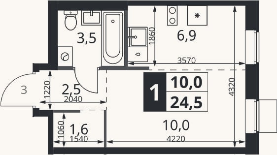 Планировка: Студия, 24,5 м²