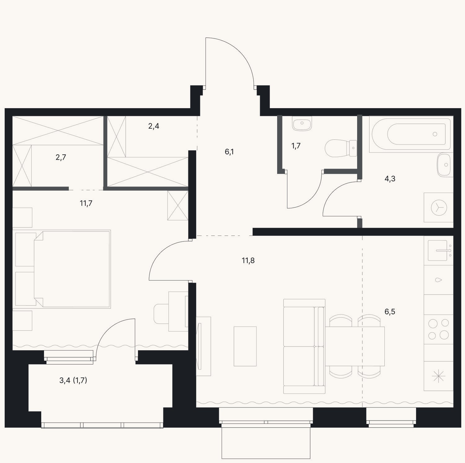 Планировка: 2-к, 47,2 м²