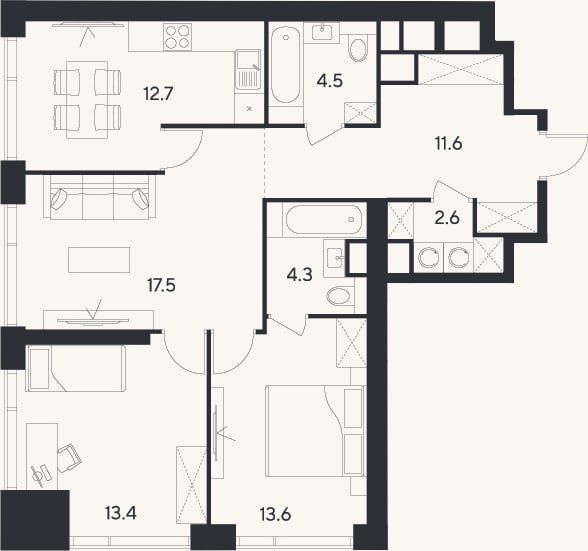 Планировка: 3-к, 80,2 м²