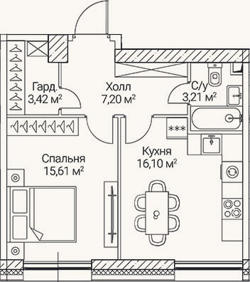 Планировка: 1-к, 45,5 м²