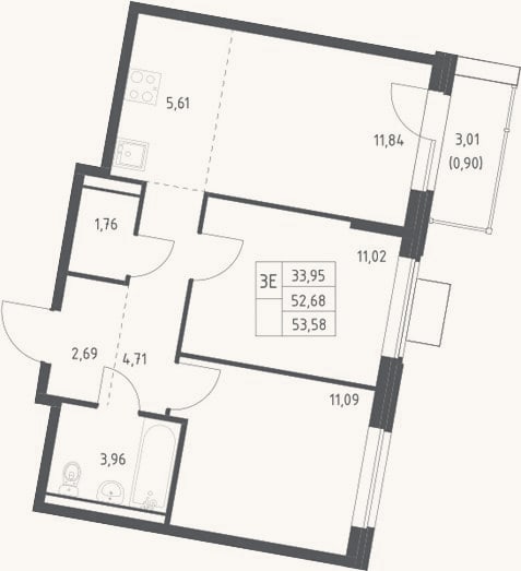 Планировка: 3-к, 52,7 м²