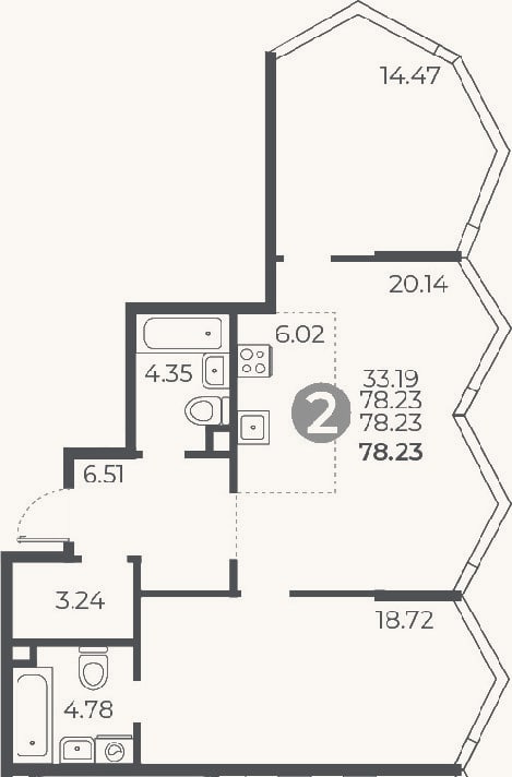 Планировка: 2-к, 78,2 м²