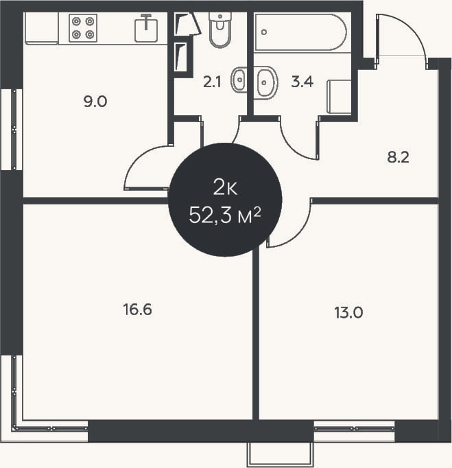 Планировка: 2-к, 52,3 м²