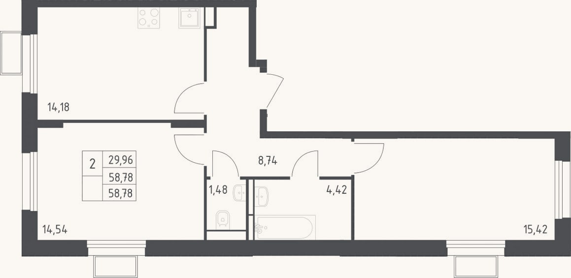 Планировка: 2-к, 58,8 м²
