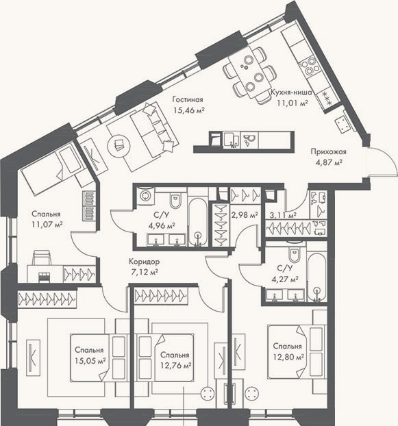 Планировка: 4+ к, 106 м²
