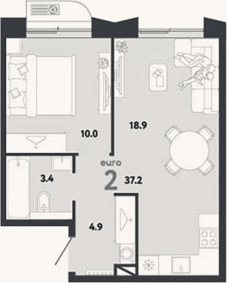 Планировка: 2-к, 37,2 м²