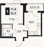 Планировка: 1-к, 30,8 м²