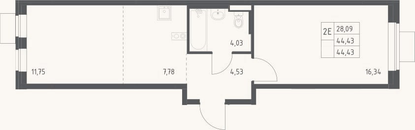 Планировка: 2-к, 44,4 м²