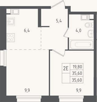 Планировка: 2-к, 35,6 м²