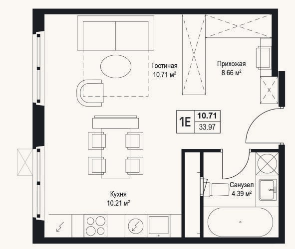 Планировка: Студия, 34 м²