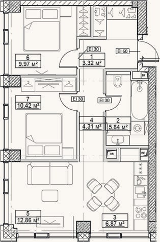 Планировка: 3-к, 56,4 м²