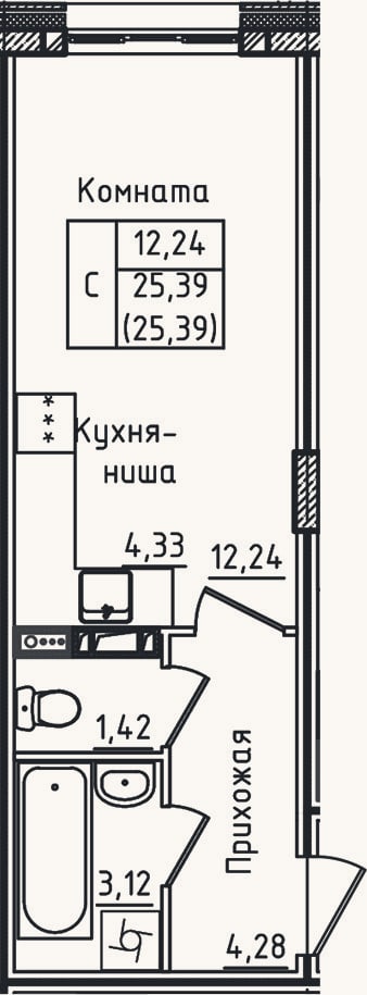 Планировка: Студия, 25,4 м²