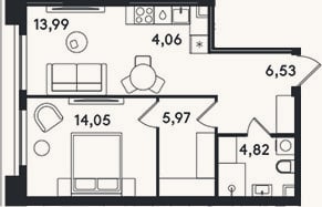 Планировка: 2-к, 49,4 м²