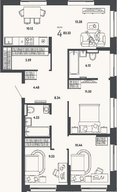 Планировка: 4+ к, 83,5 м²