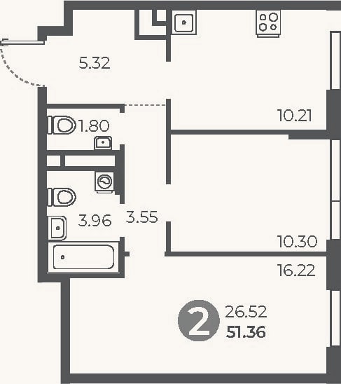 Планировка: 2-к, 51,4 м²