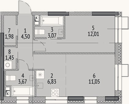 Планировка: 2-к, 44,6 м²