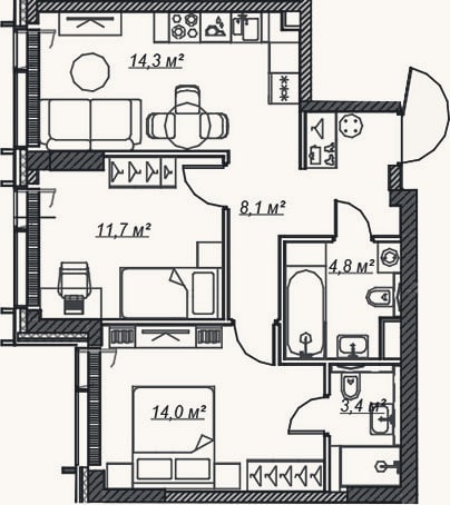 Планировка: 3-к, 56,4 м²