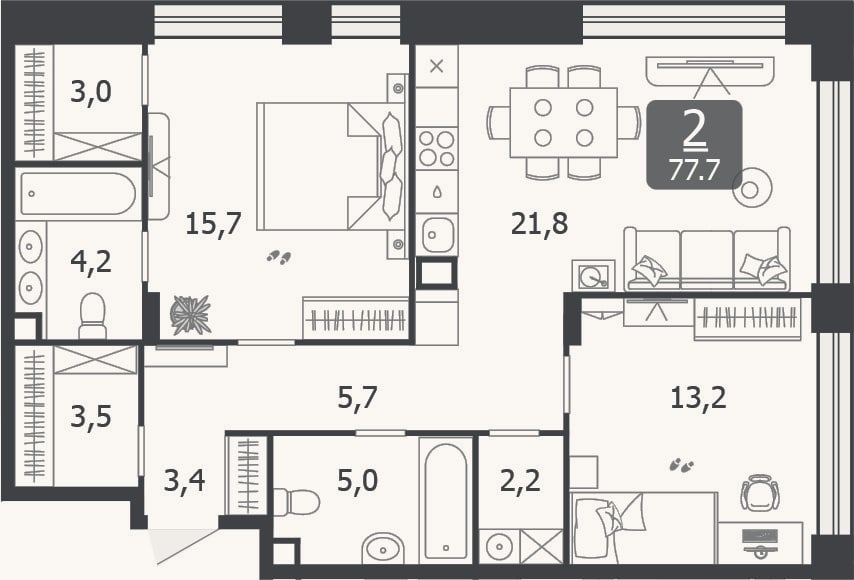 Планировка: 3-к, 77,7 м²