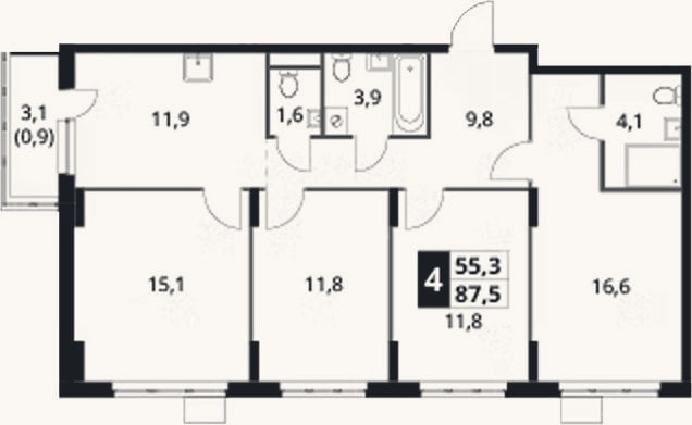 Планировка: 4+ к, 86,6 м²