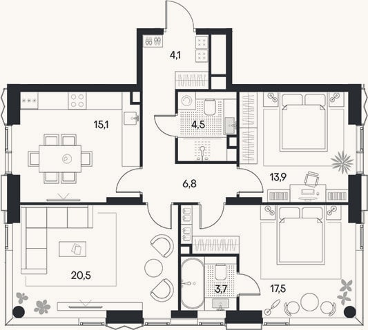 Планировка: 4+ к, 85,9 м²