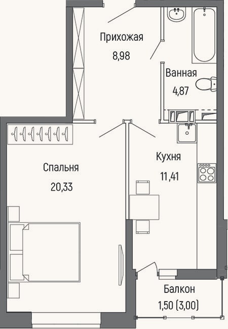 Планировка: 1-к, 45,6 м²