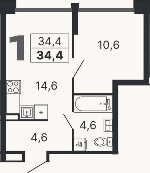 Планировка: 1-к, 34,4 м²