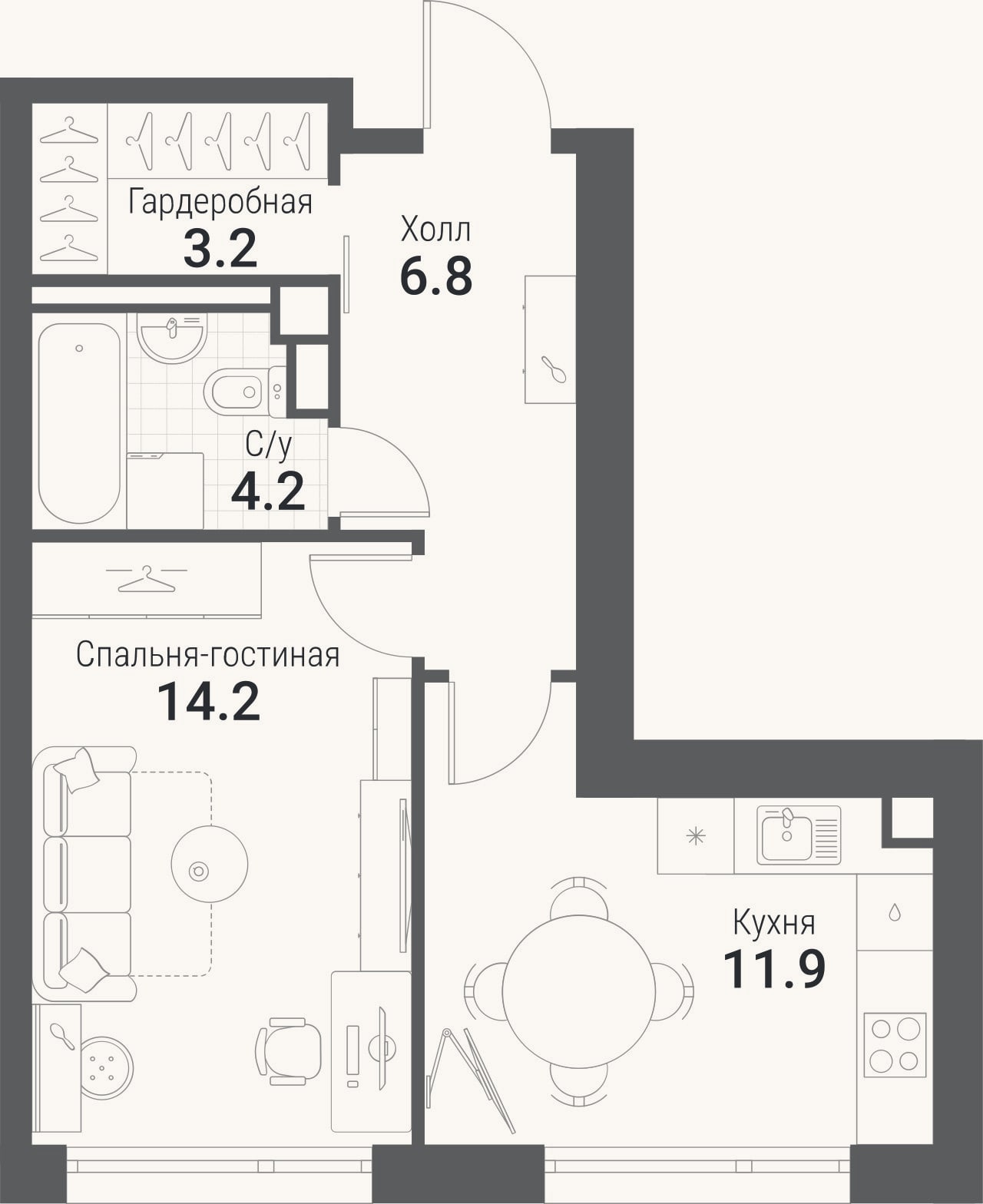 Планировка: 1-к, 40,3 м²