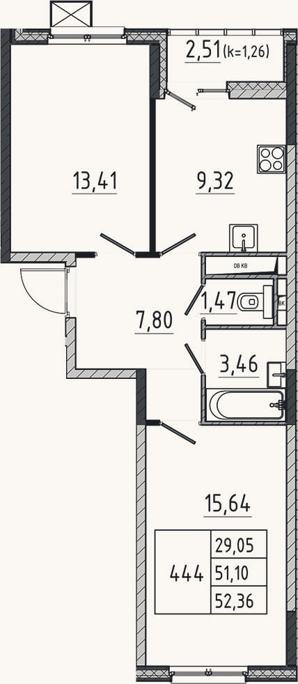Планировка: 2-к, 51,1 м²