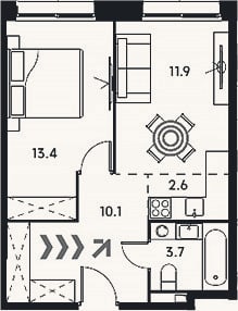 Планировка: 2-к, 41,7 м²