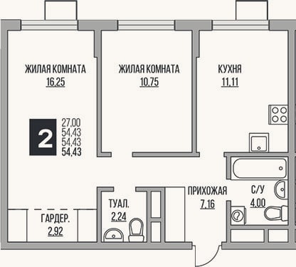 Планировка: 2-к, 54,4 м²