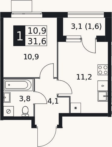 Планировка: 1-к, 30 м²